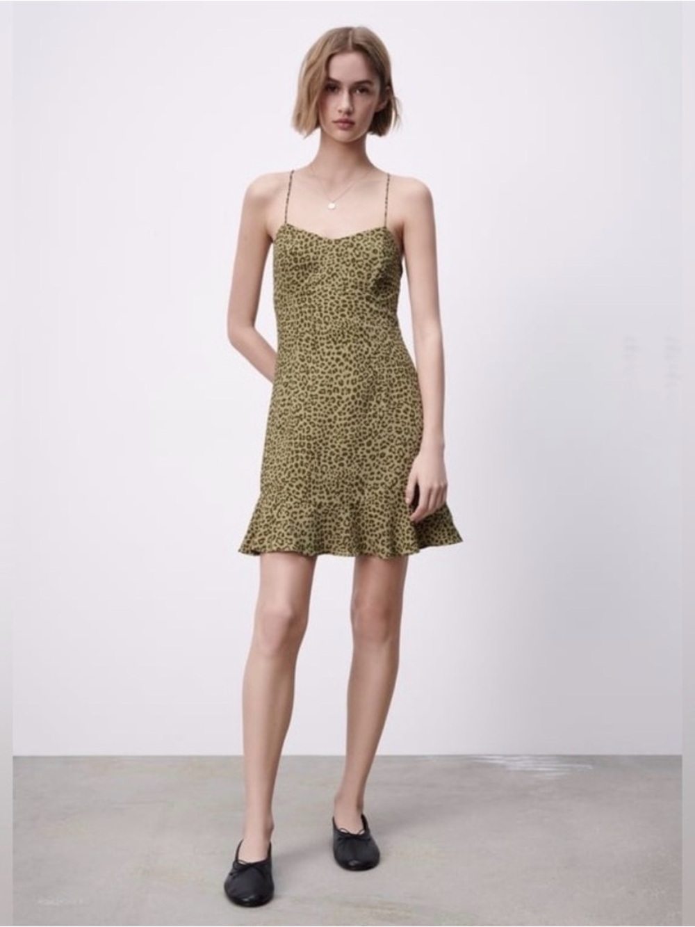 ZARA | Leopard Print Slip Dress with Ruffle Hem - Olive Color